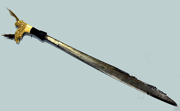 Sword (Mandau) with Scabbard and Dagger, Steel, brass, wood, antler, bone, hair, fur, fiber, glass beads, Kenyah or Kayan people 