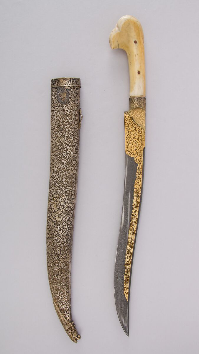 Knife (Yatagan) with Sheath, Steel, gold, ivory, silver, wood, Turkish 