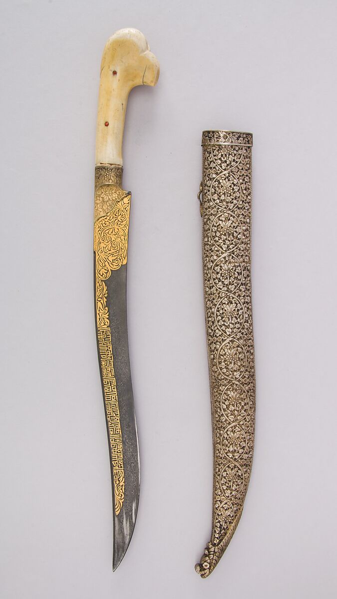 Knife (Yatagan) with Sheath, Steel, gold, ivory, silver, wood, Turkish