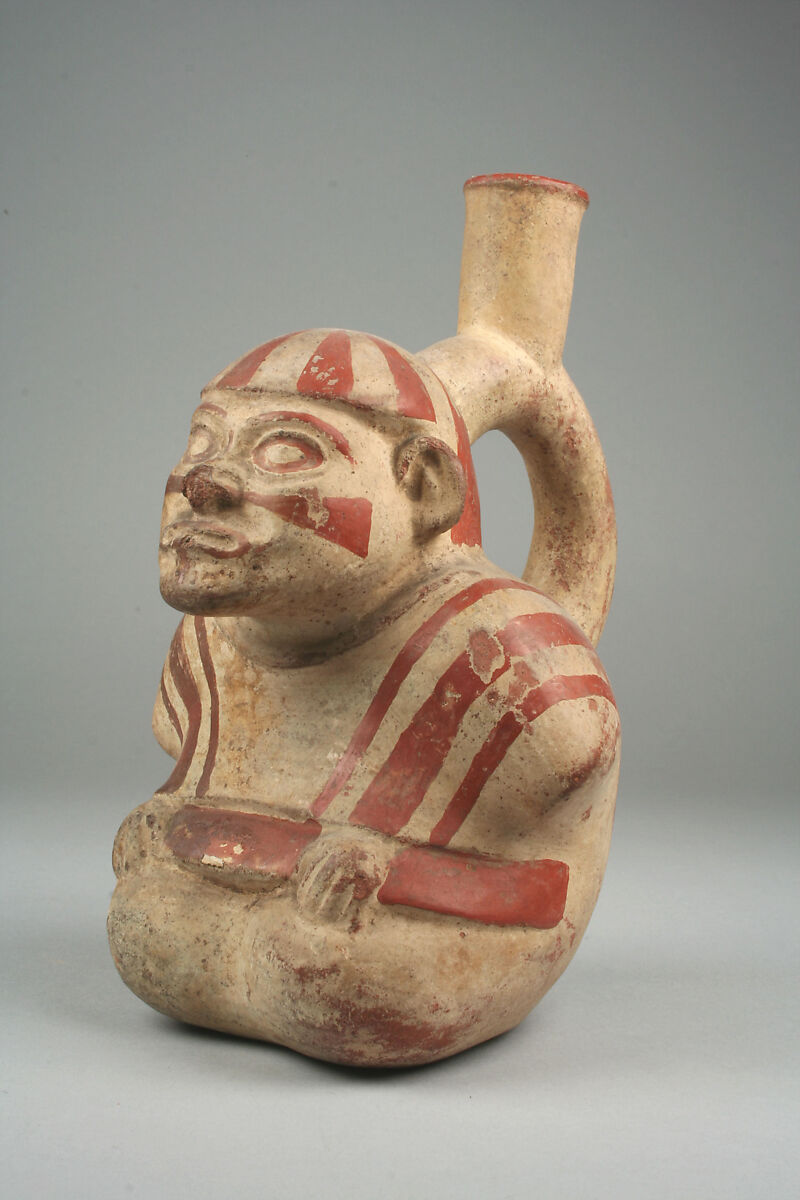 Figure Stirrup Spout Jar, Ceramic, slip, pigment, Moche 