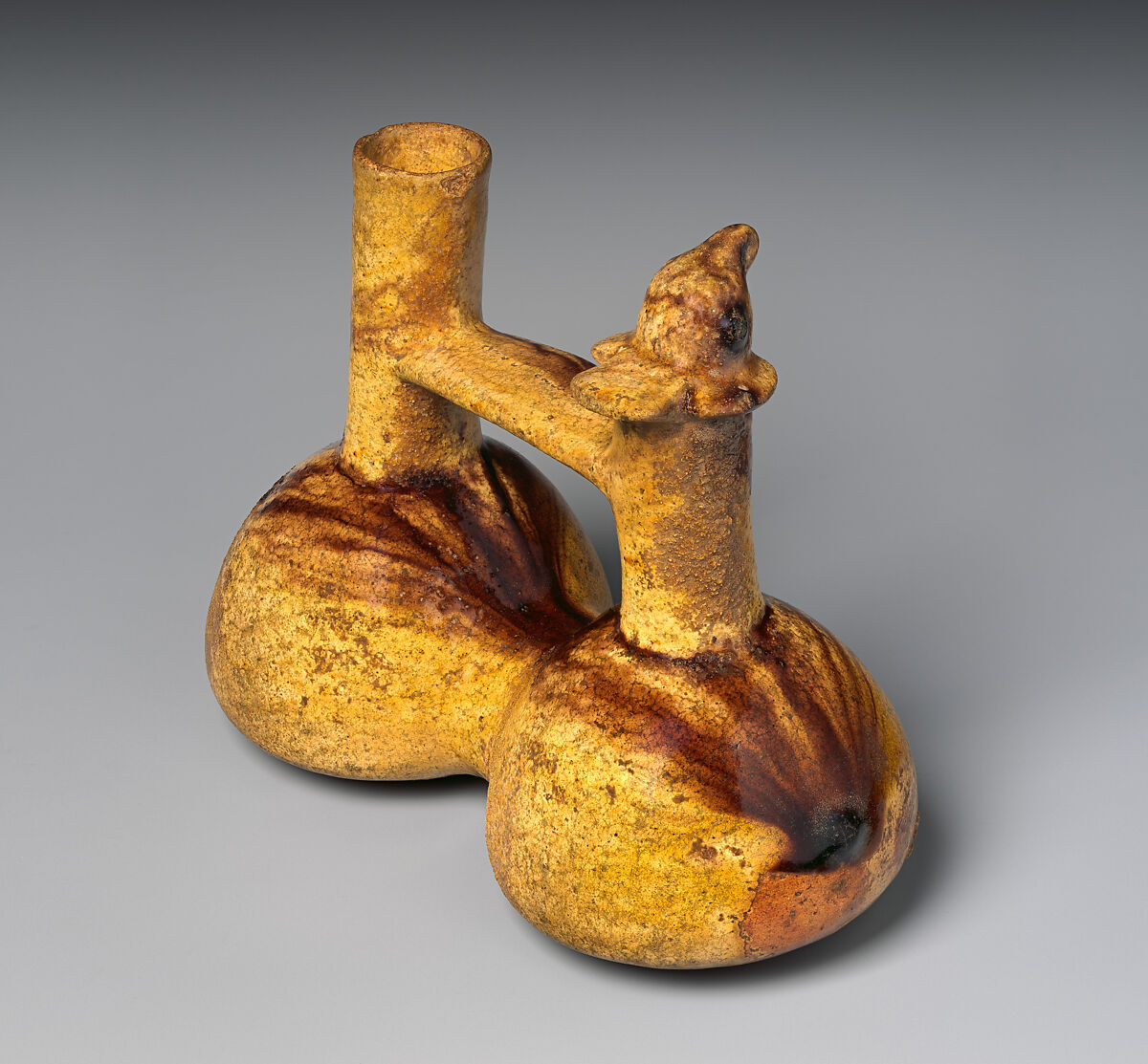 Double-chambered bottle, Peruvian artist(s), Ceramic, glaze, Viceregal Era 