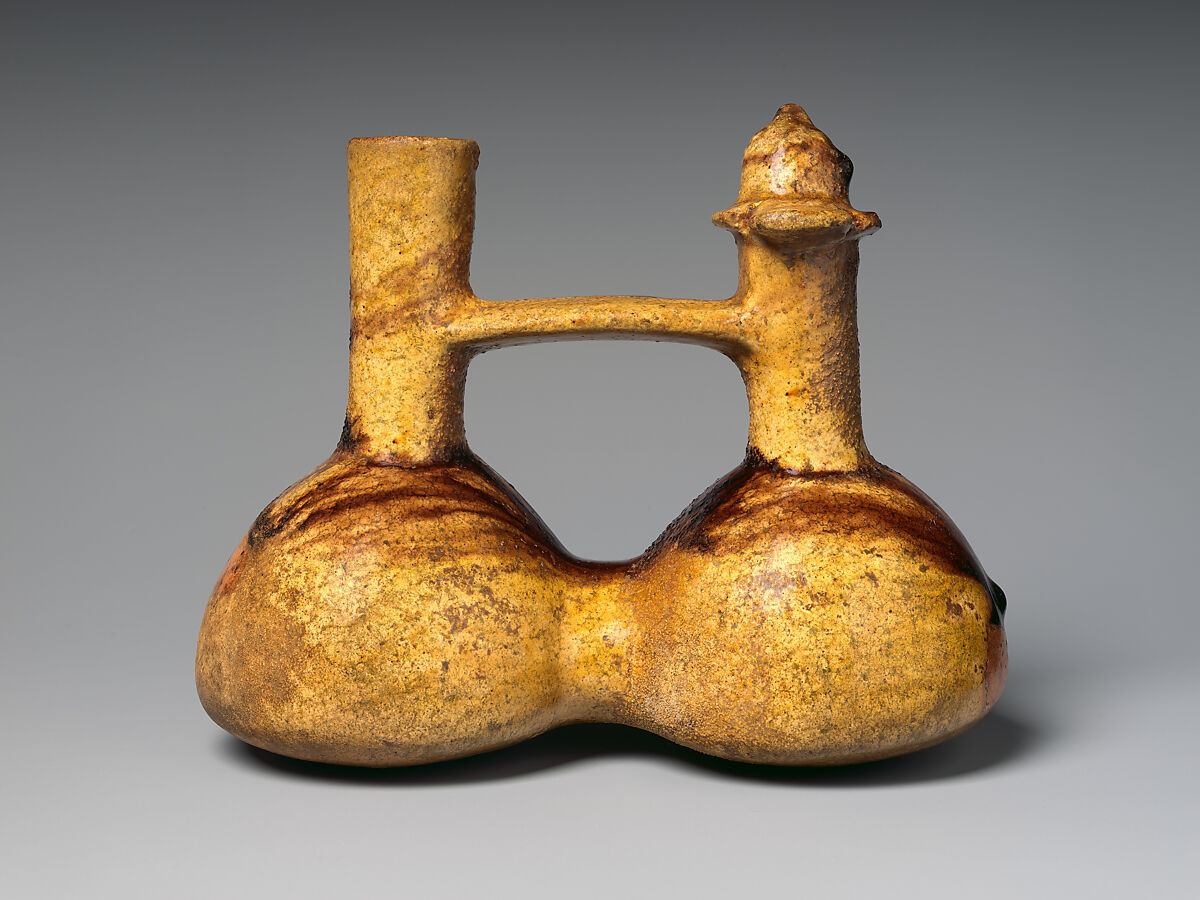 Double-chambered bottle, Peruvian artist(s), Ceramic, glaze, Viceregal Era