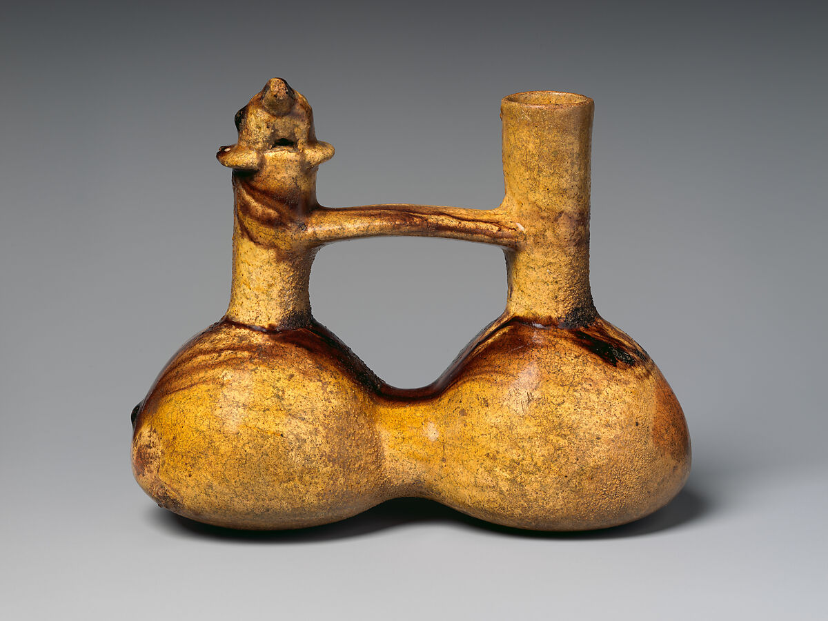 Double-chambered bottle, Peruvian artist(s), Ceramic, glaze, Viceregal Era