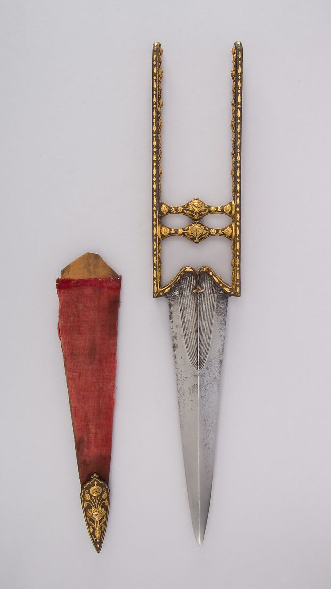 Dagger (Katar) with Sheath, Iron, gold, steel, diamond, velvet, wood, Indian, Mughal 