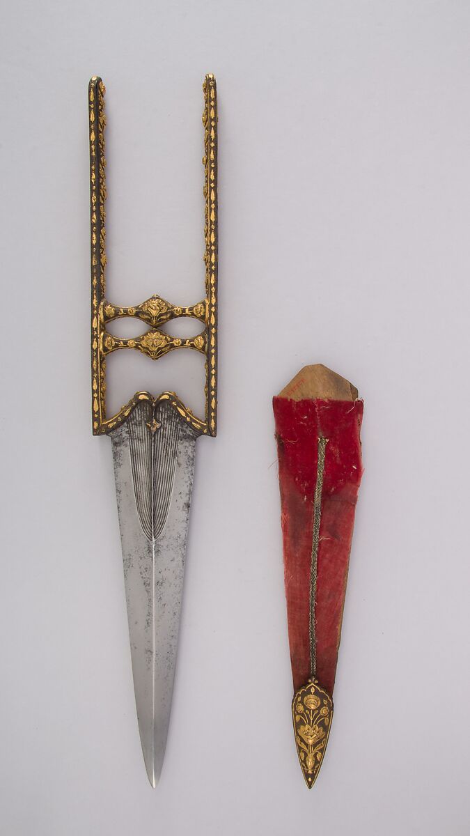 Dagger (Katar) with Sheath, Iron, gold, steel, diamond, velvet, wood, Indian, Mughal
