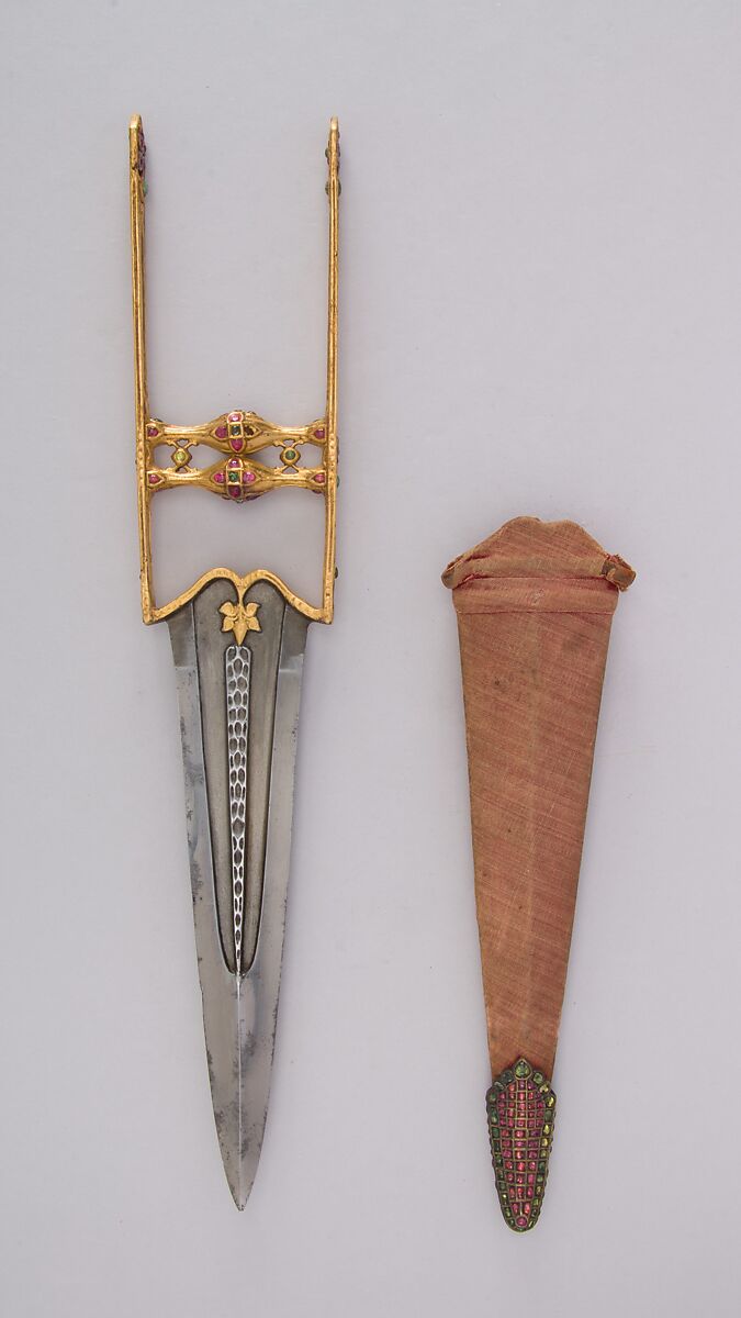 Dagger (Katar) with Sheath, Steel, gold, ruby, emerald, diamond, wood, velvet, Indian, Mughal