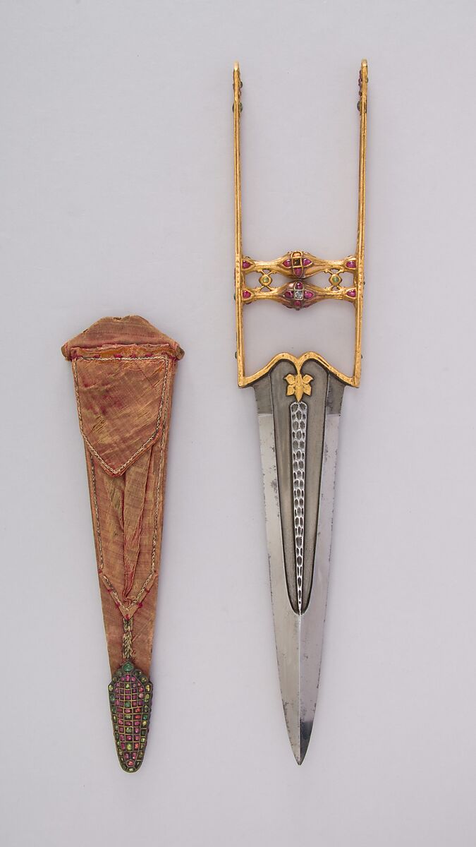 Dagger (Katar) with Sheath, Steel, gold, ruby, emerald, diamond, wood, velvet, Indian, Mughal 