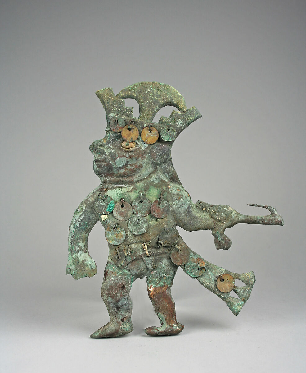 Profile Warrior Ornament, Gilded copper, shell, turquoise, Moche 