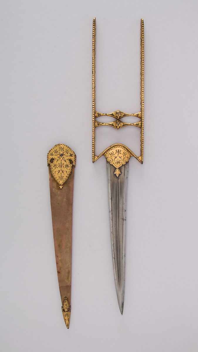 Dagger (Katar) with Sheath, Steel, gold, velvet, wood, Indian, Mughal 