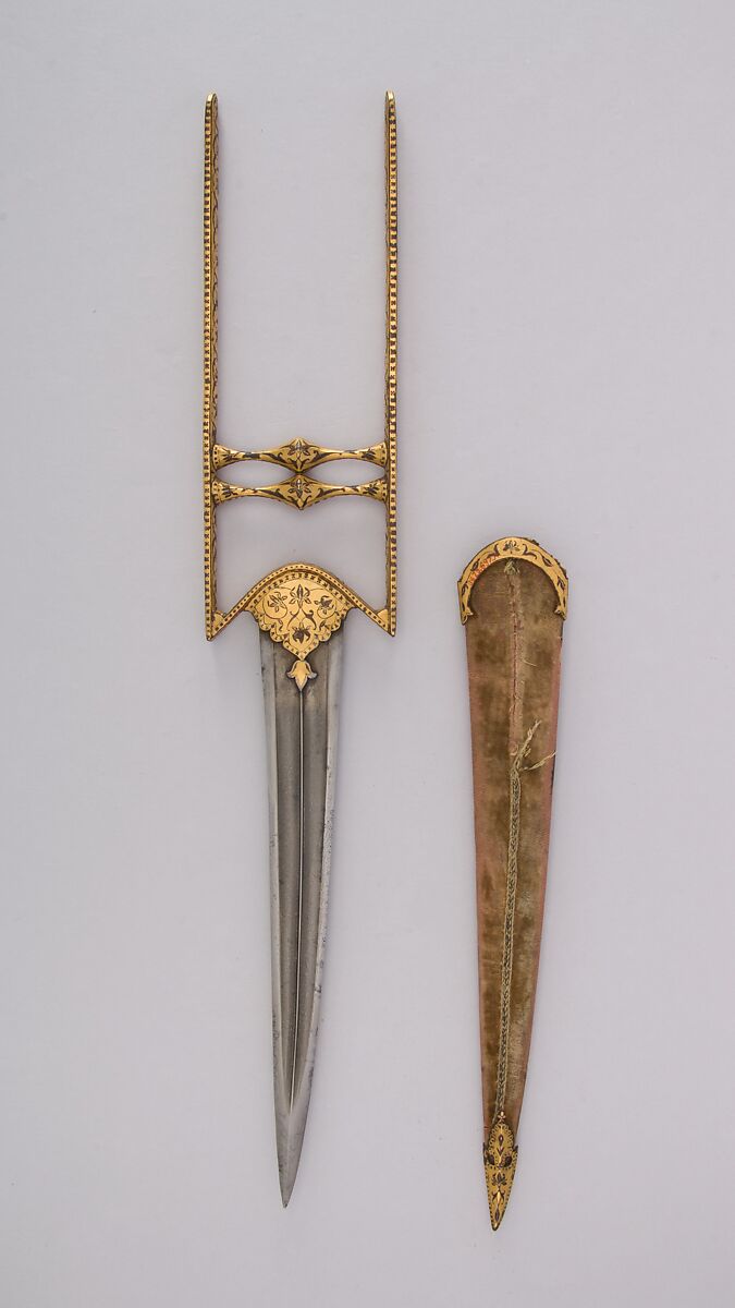 Dagger (Katar) with Sheath, Steel, gold, velvet, wood, Indian, Mughal