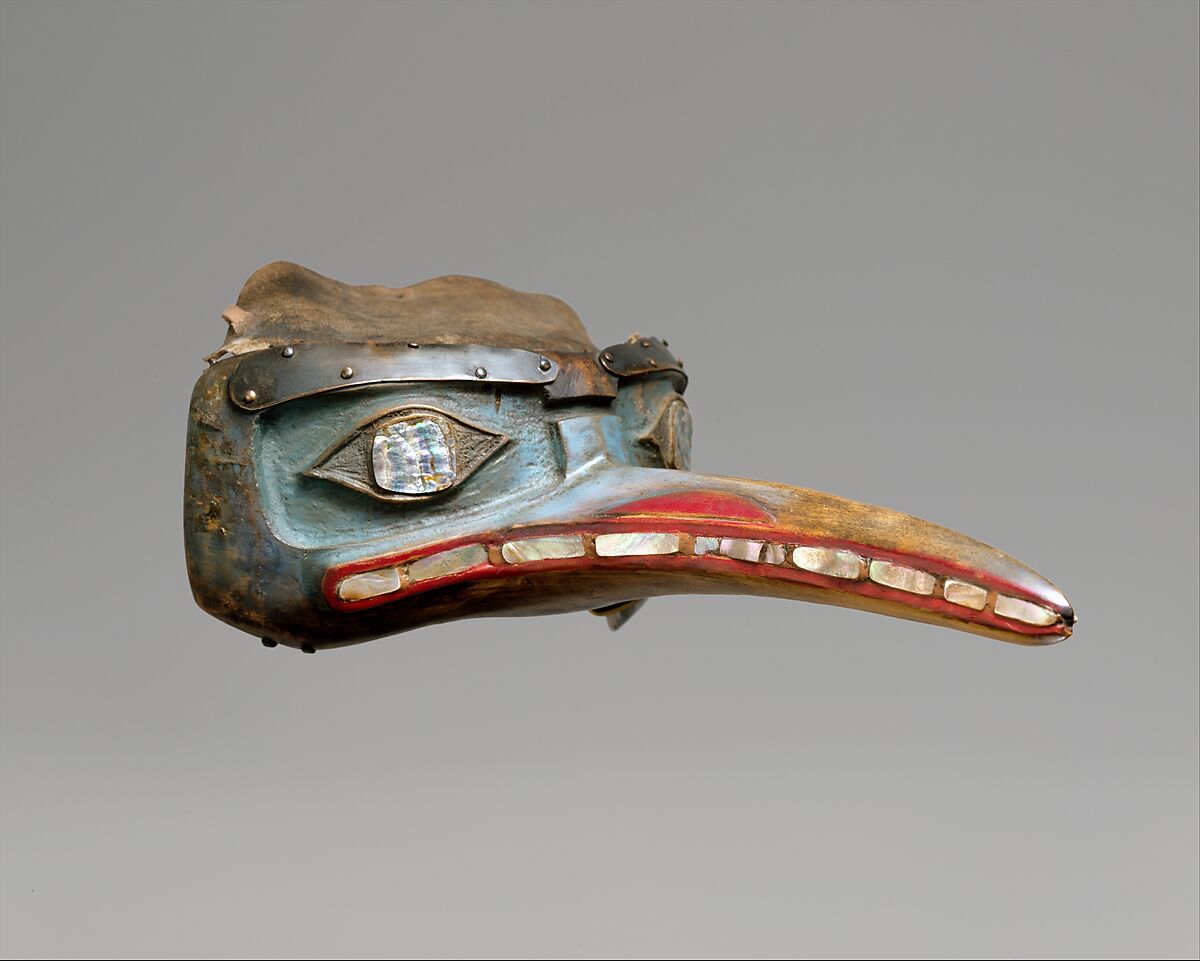 Mosquito Mask, Wood, paint, copper, shell, Native-tanned skin, Tlingit 