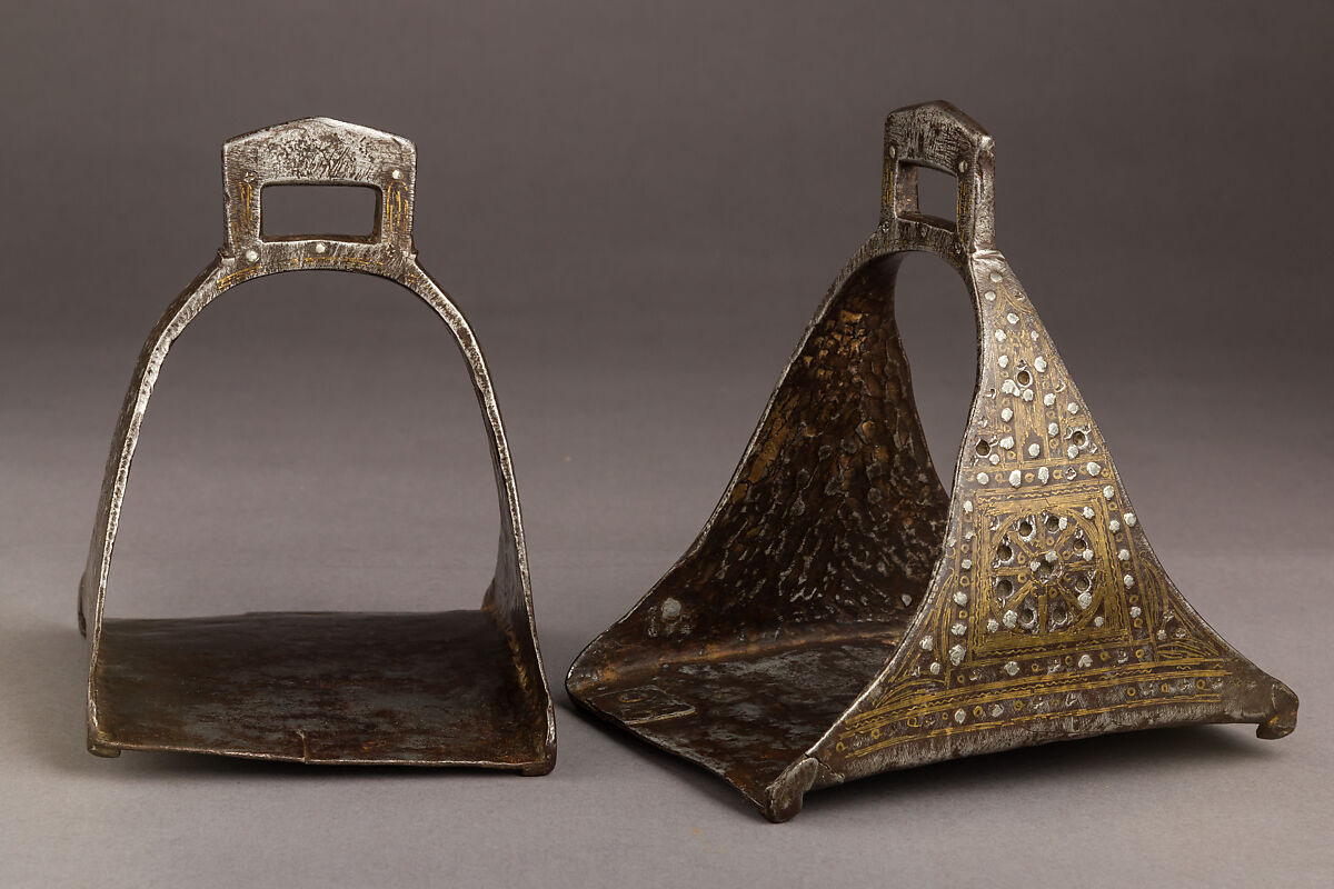 Pair of Stirrups, iron, copper alloy, silver, turquoise, Syrian 