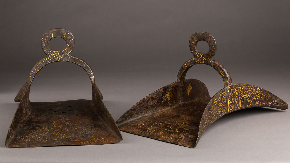 Pair of Stirrups, Iron, gold, Mamluk, possibly Egypt 