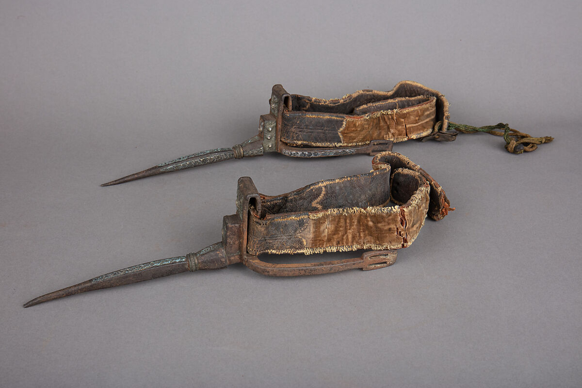 Pair of Spurs, Iron, silver, stone (diamond?), leather, textile, silk, Algerian 