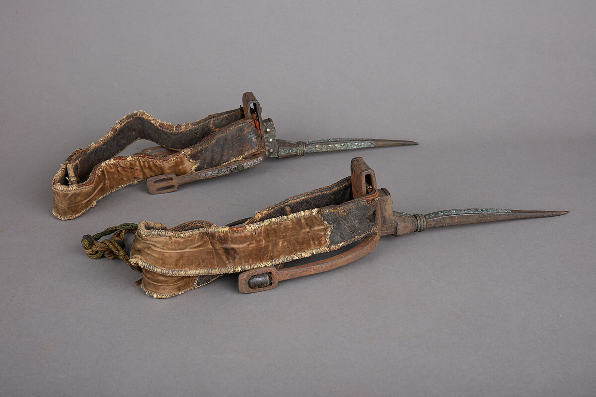 Pair of Spurs, Iron, silver, stone (diamond?), leather, textile, silk, Algerian