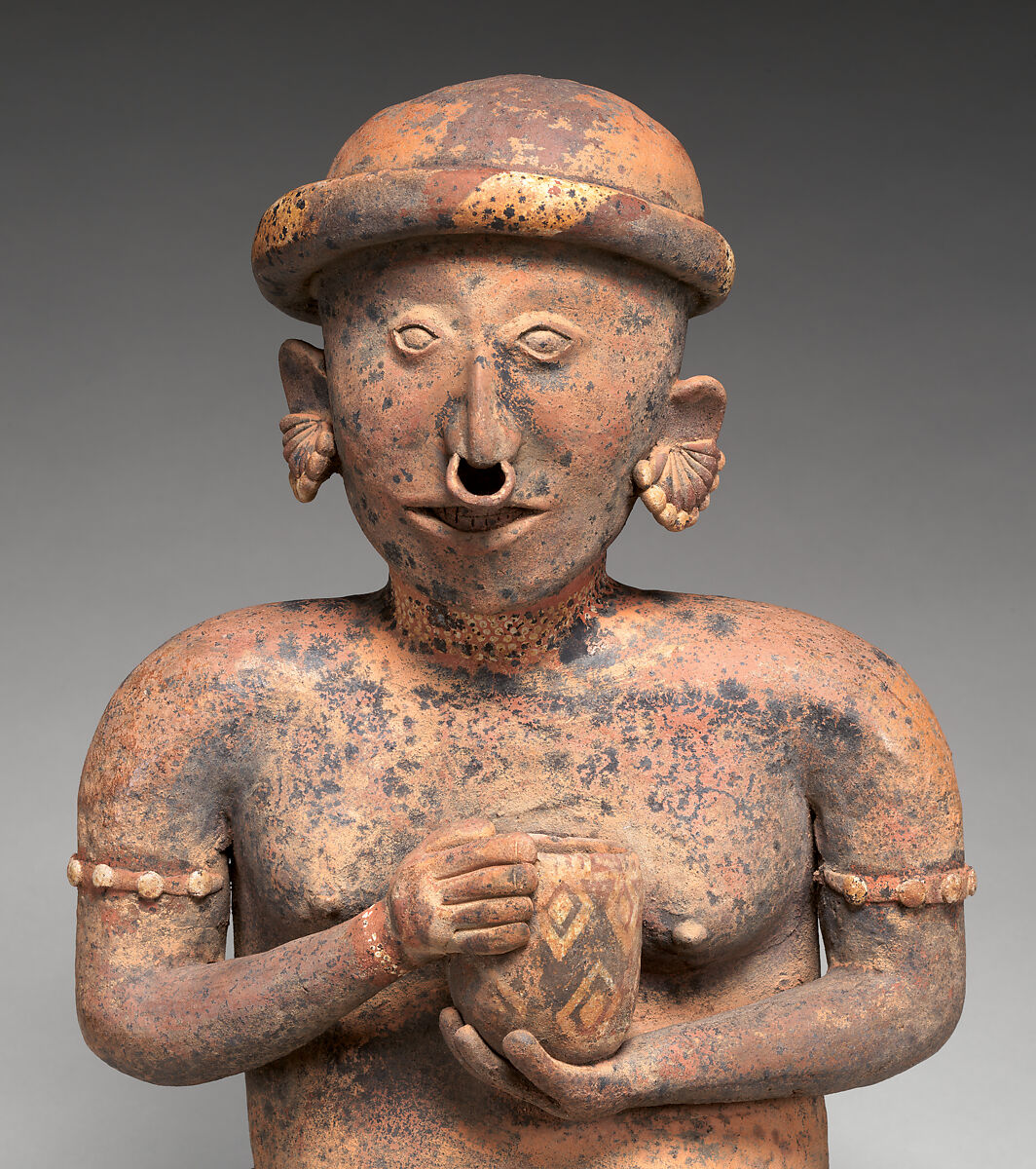 Seated female figure, Nayarit artist(s), Ceramic, slip, Nayarit