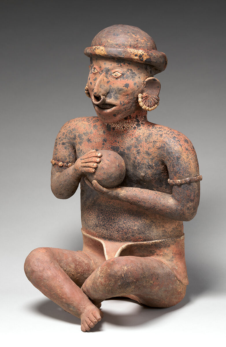 Seated male figure, Nayarit artist(s), Ceramic, slip, Nayarit