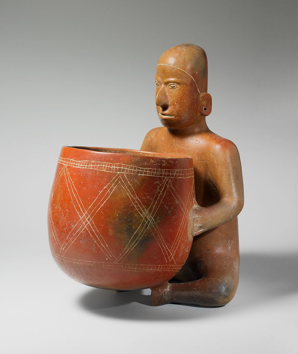 Seated Figure with Vessel, Colima artist(s), Ceramic, slip, Colima