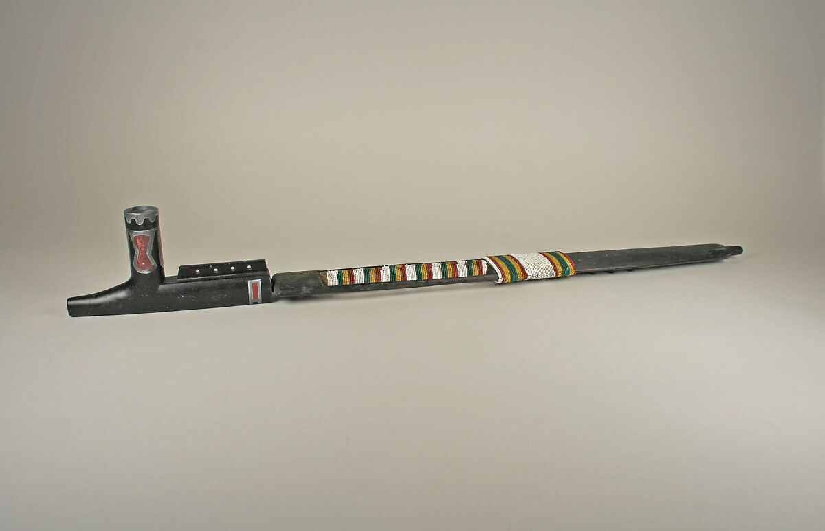 Pipe Bowl and Stem, Catlinite, chlorite, lead (bowl); wood, glass, beads, metal (stem), Ojibwa