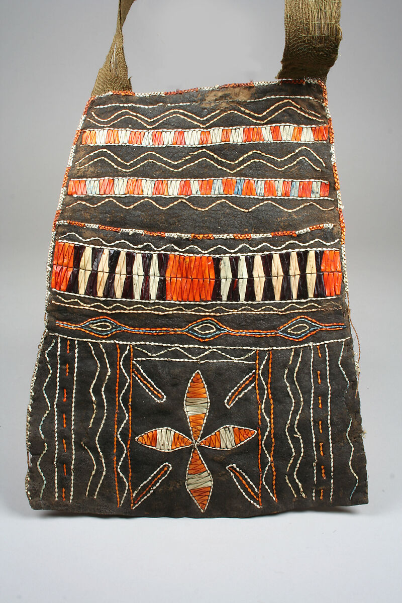 Bag, Native-tanned skin, quill, wool, pigment, Potawatomi or Menominee