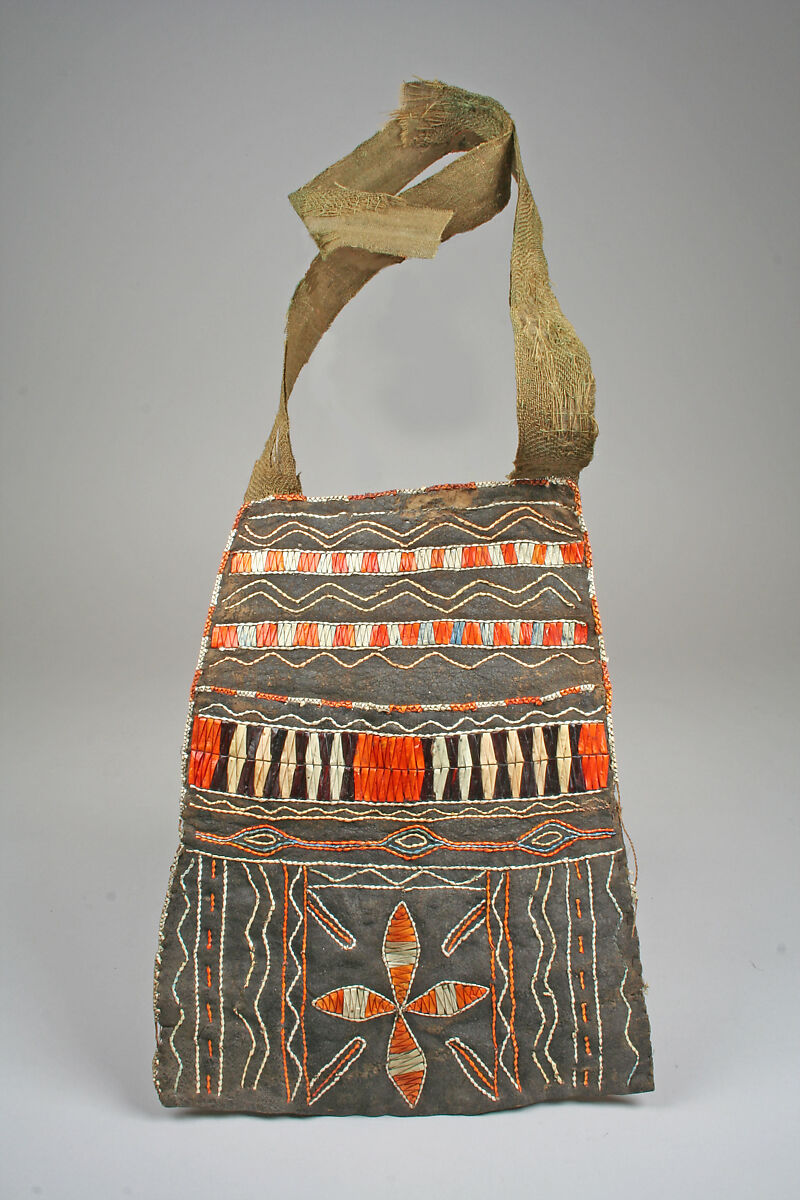 Bag, Native-tanned skin, quill, wool, pigment, Potawatomi or Menominee