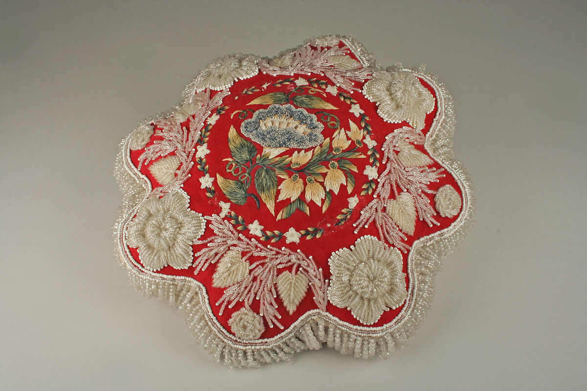 Pincushion, Silk, wool, glass, moosehair, Huron