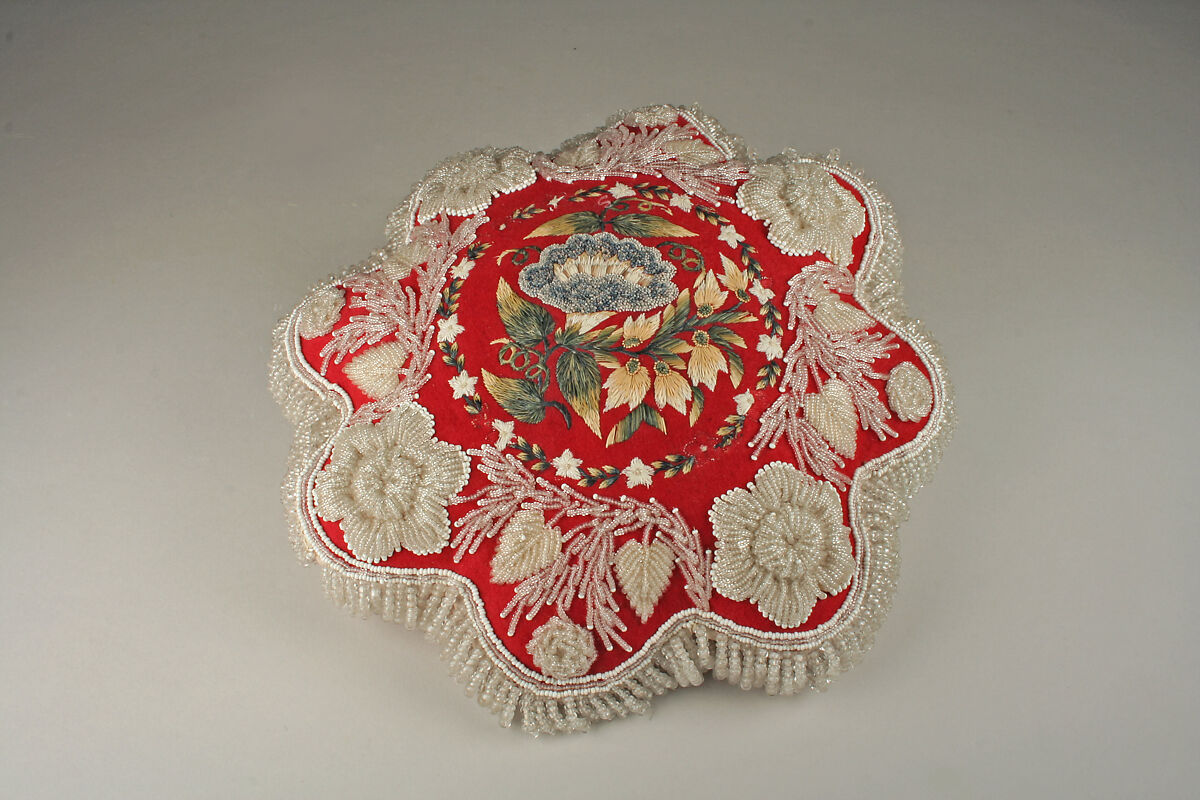 Pincushion, Silk, wool, glass, moosehair, Huron