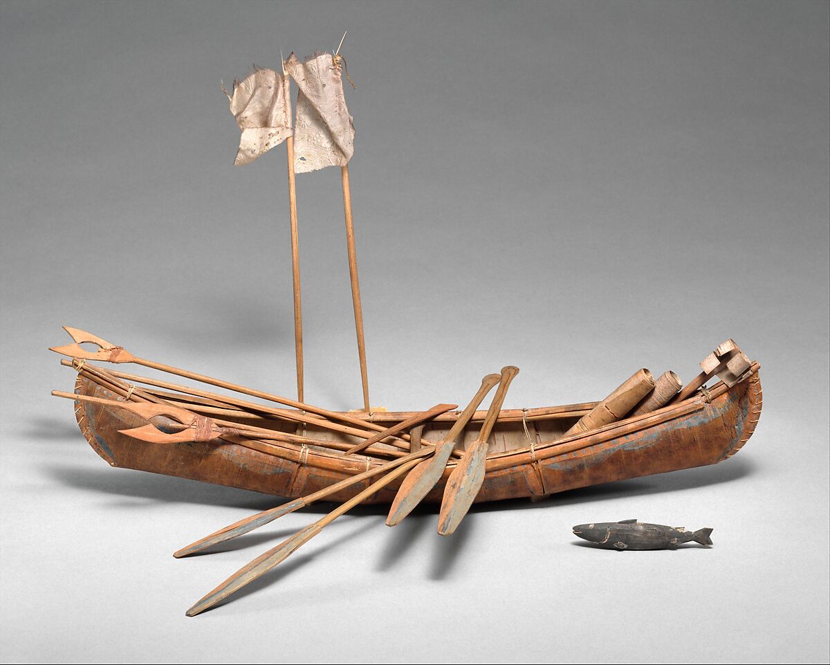 Canoe Model with Accoutrements, Birchbark, wood, plant fiber, bird quill, silk, Maliseet 