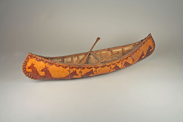 Canoe Model with Paddles, Birchbark, wood, plant fiber, pigment, Eastern Algonquian