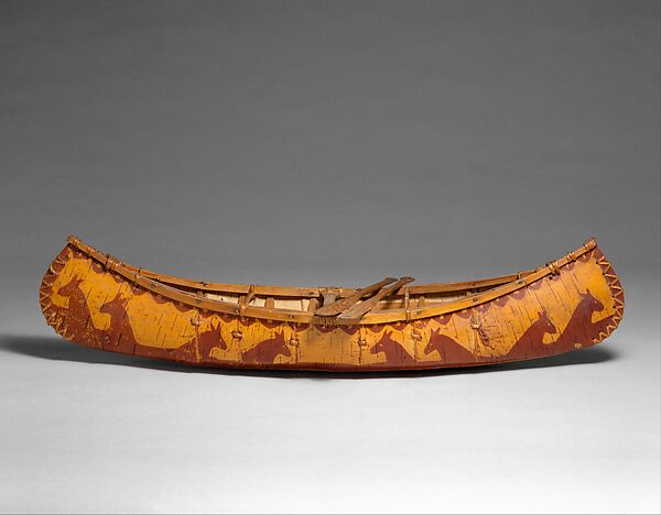 Canoe Model with Paddles, Birchbark, wood, plant fiber, pigment, Eastern Algonquian