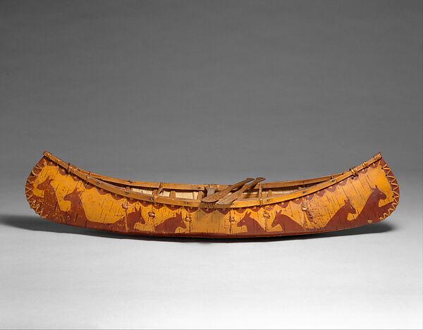 Canoe Model with Paddles, Birchbark, wood, plant fiber, pigment, Eastern Algonquian 