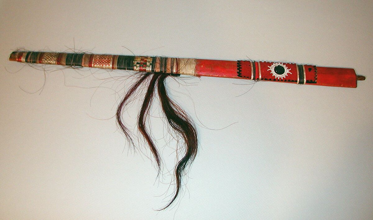 Messiter Pipe, Wood, quill, horsehair, wool, glass, animal skin, pigment, feathers, Yankton Sioux