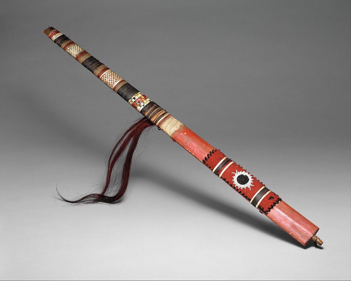 Messiter Pipe, Wood, quill, horsehair, wool, glass, animal skin, pigment, feathers, Yankton Sioux 