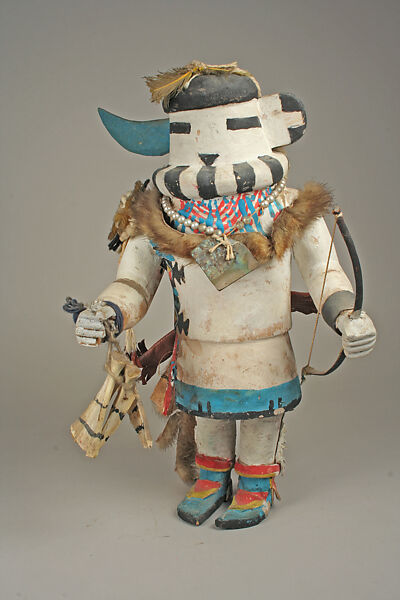 Long-Horned Katsina, Cottonwood, feathers, fur, shell, imitation pearls, bones, Native-tanned skin, pigment, Hopi