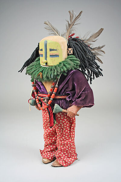 Katsina, Cottonwood, feathers, wool yarn, cotton, beads, pigment, Laguna