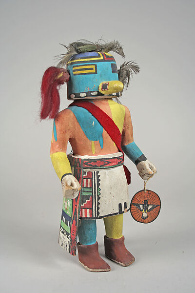 Navajo Tasap Katsina, Cottonwood, feathers, wool, ribbon, hair, pigment, Hopi