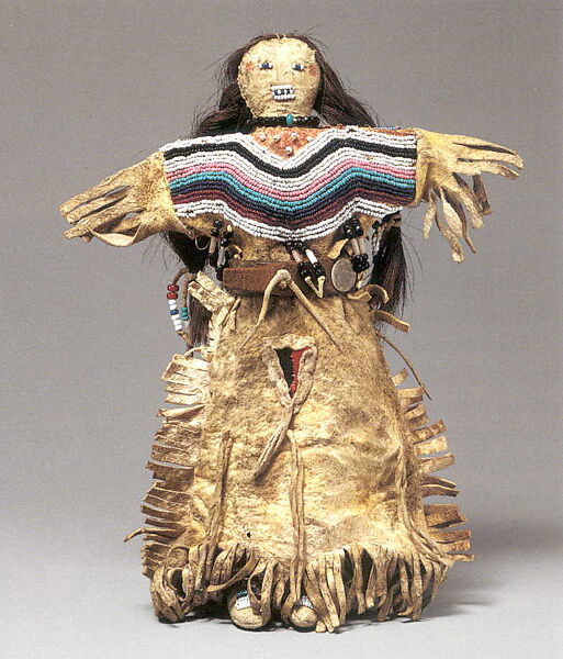 Doll, Native-tanned skin, hair, glass, wool, leather, metal, Blackfeet