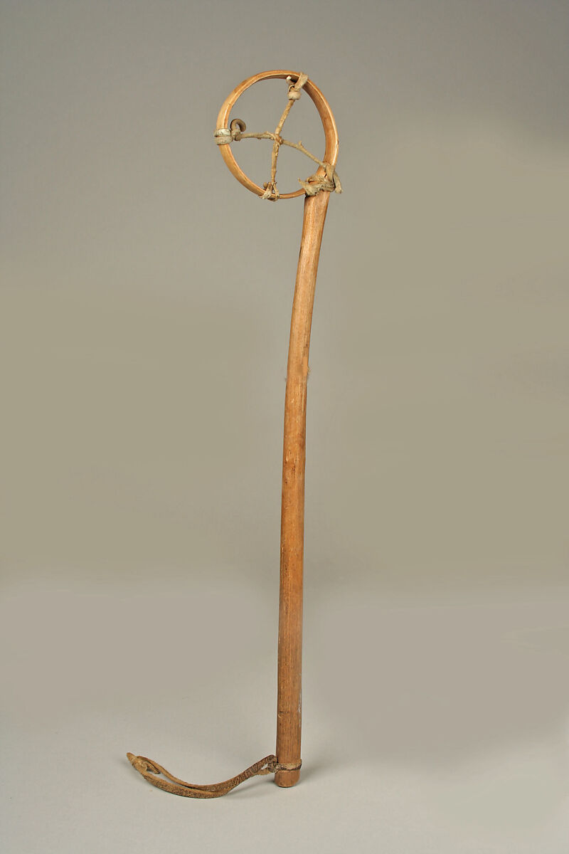 Miniature Lacrosse Stick, Wood, Native -tanned skin, Mesquakie or Potawatomi 