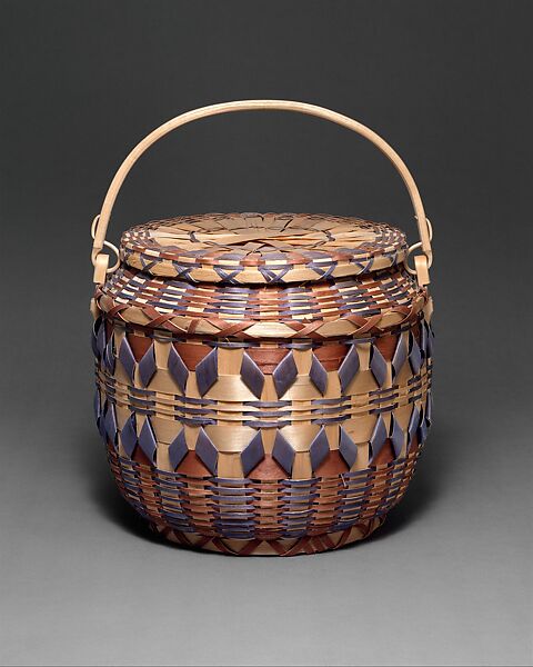 Lidded Basket, Ash splint, wood, pigment, Winnebago 