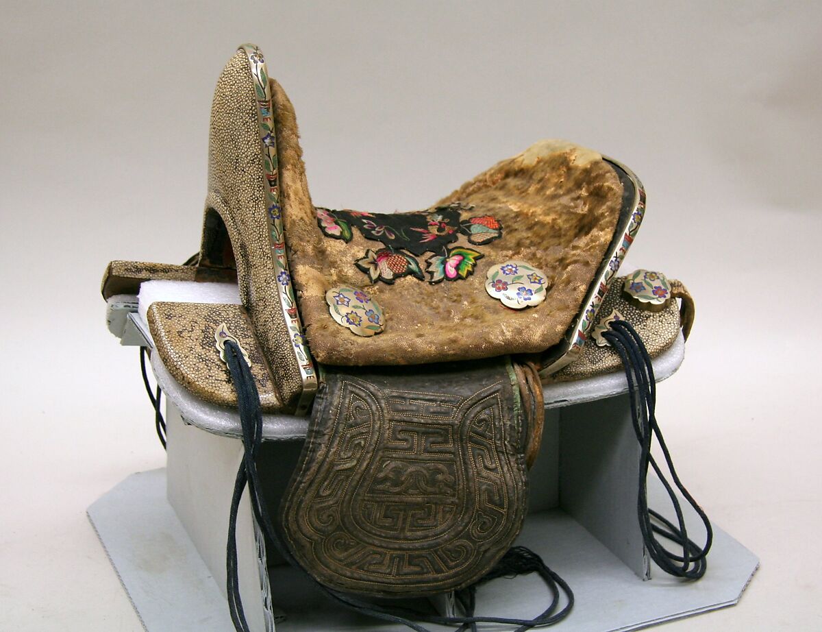 Saddle and Bridle, Wood, rayskin, deerskin, leather, silver, enamel, cord, textile, Mongol or Korean 