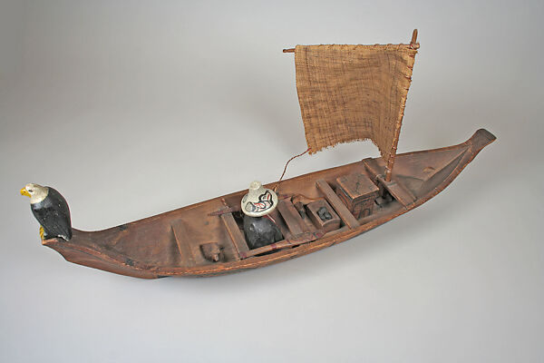 Canoe Model with sail, Wood, plant fiber, pigment, Kwakwaka’wakw (Kwakiutl)