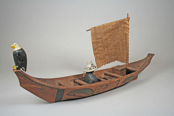 Canoe Model with sail, Wood, plant fiber, pigment, Kwakwaka’wakw (Kwakiutl)