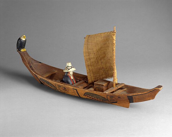 Canoe Model with sail, Wood, plant fiber, pigment, Kwakwaka’wakw (Kwakiutl) 