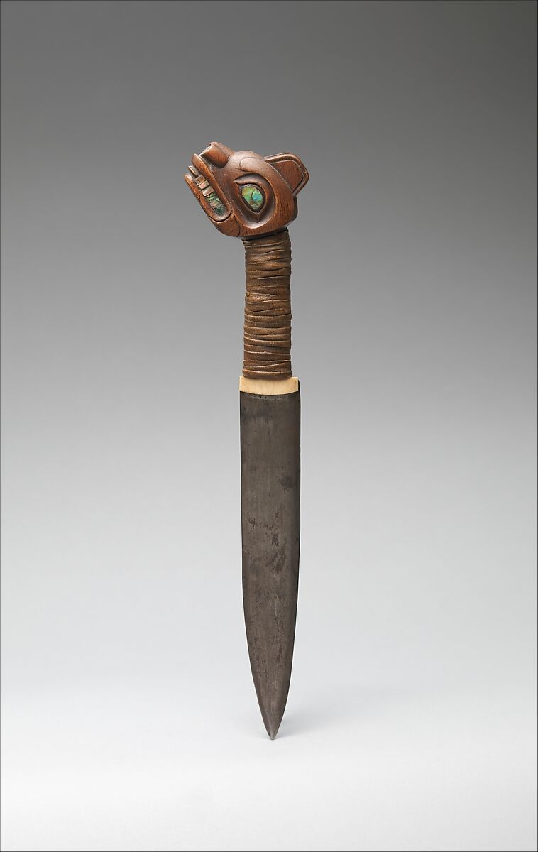 Knife, Wood, metal, abalone shell, ivory, Native-tanned skin, Tlingit 