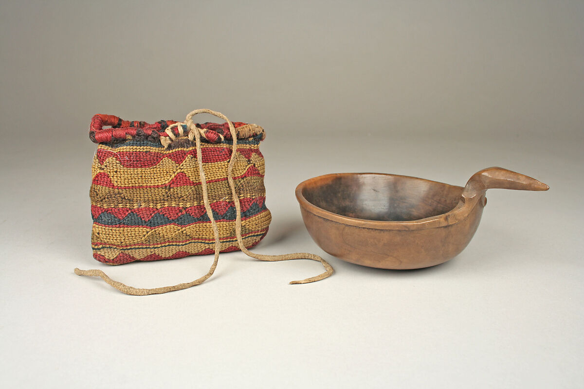 Medicine Bundle Bowl and Bag, Wood, wool, native-tanned skin, Ho-Chunk