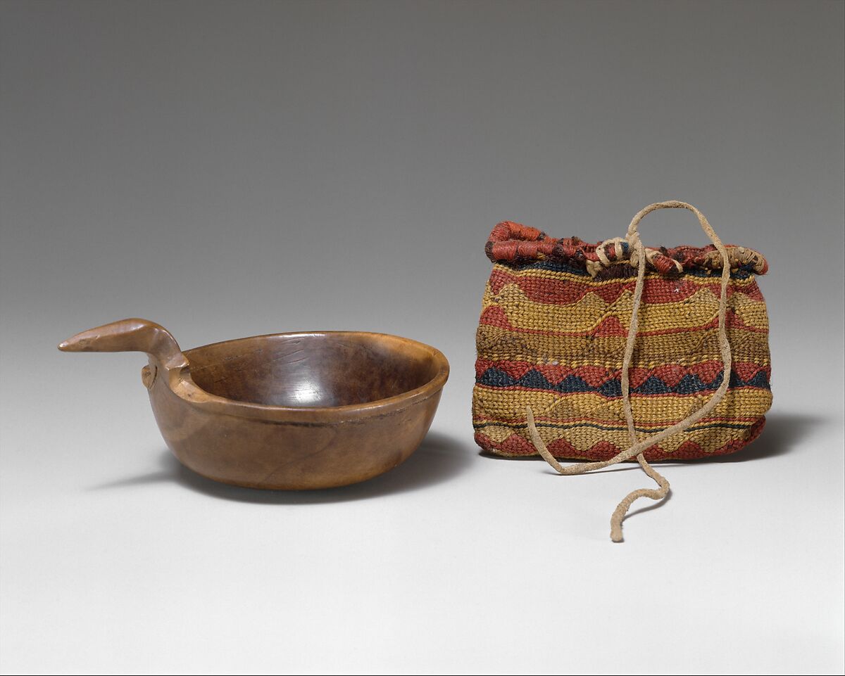 Medicine Bundle Bowl and Bag, Wood, wool, native-tanned skin, Winnebago 