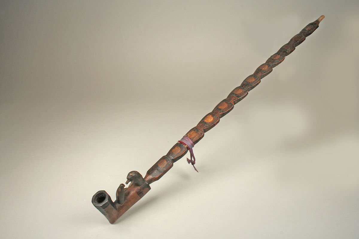 Pipe Bowl and Stem, Wood, metal, silk ribbon, pigment, Great Lakes or Plains