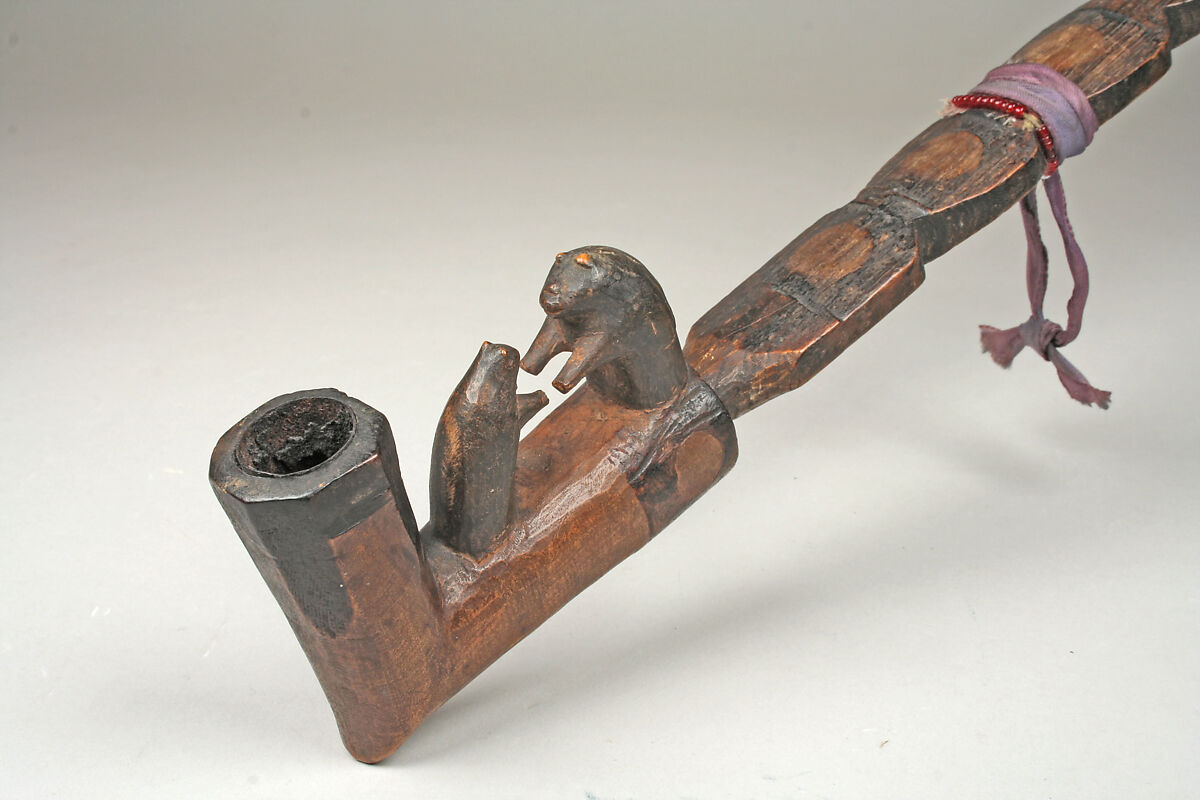 Pipe Bowl and Stem, Wood, metal, silk ribbon, pigment, Great Lakes or Plains