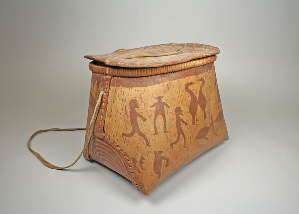 Lidded Mukak, Birchbark, spruce root, Native-tanned skin, Ojibwa