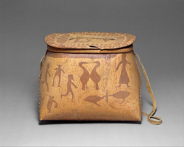 Lidded Mukak, Birchbark, spruce root, Native-tanned skin, Ojibwa 